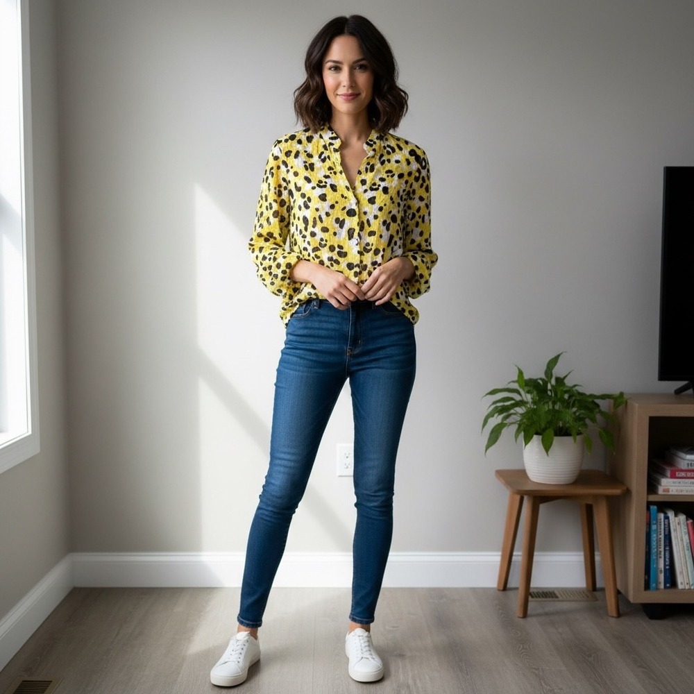 Ruby Rd Petite Yellow Leopard Print Roll Tab Sleeve Burnout Blouse 12P